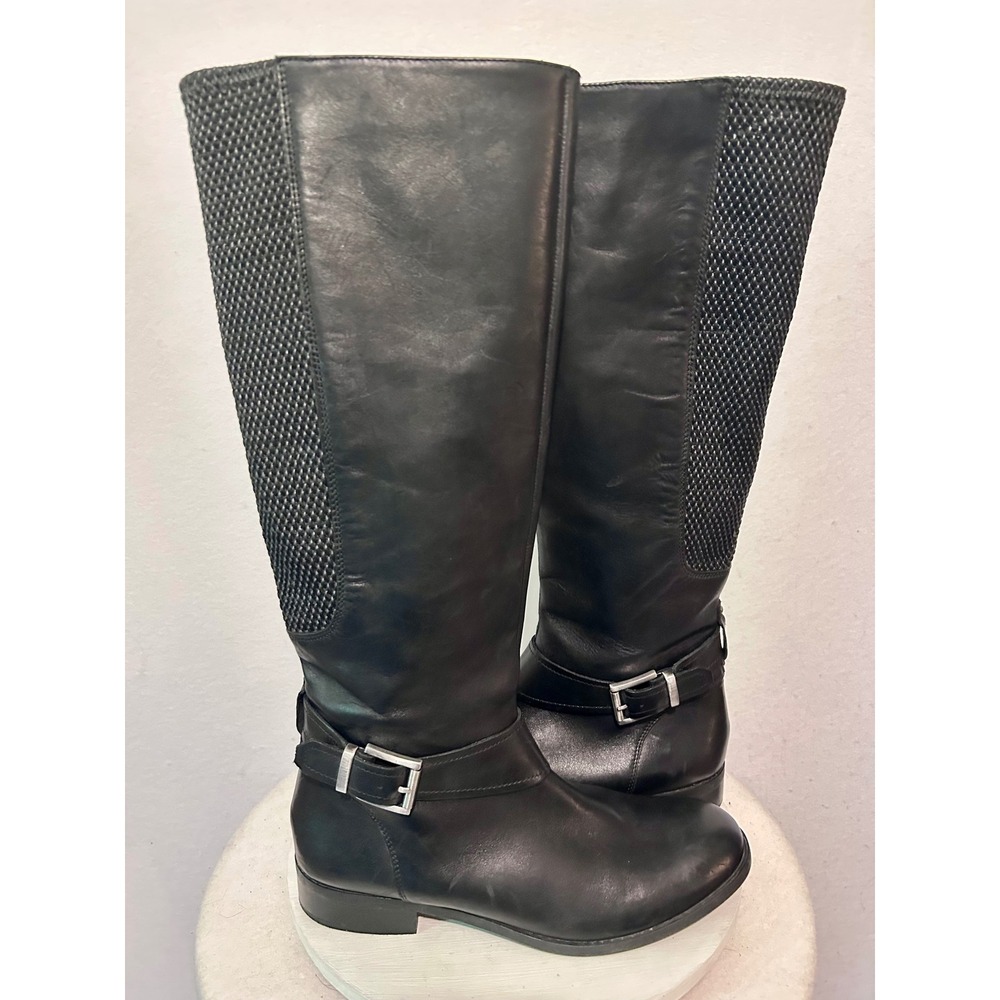 Clarks Pita Dakota Black Leather Knee High Riding Boots Womens 9 M Buckle Detail